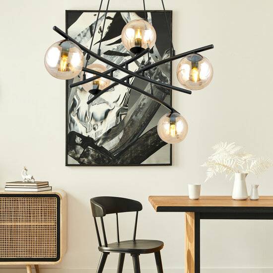 Emibig Emibig Lámpara colgante negra elegante con 5 bolas de vidrio ámbar E14 - Crea un ambiente cálido en tu hogar