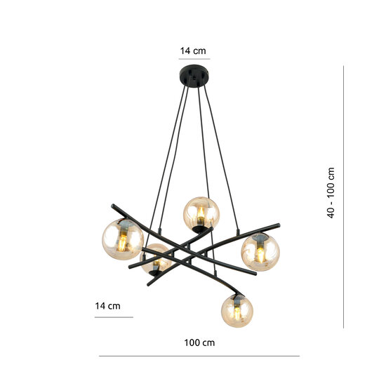 Stylish black hanging lamp with 5 amber-coloured glass balls E14