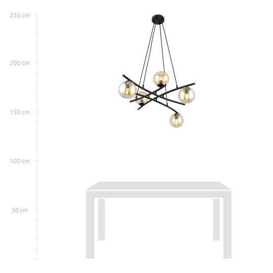 Stylish black hanging lamp with 5 amber-coloured glass balls E14