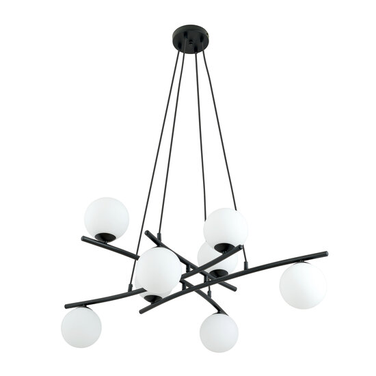 Very large black hanging lamp with 8 opal white glass balls E14