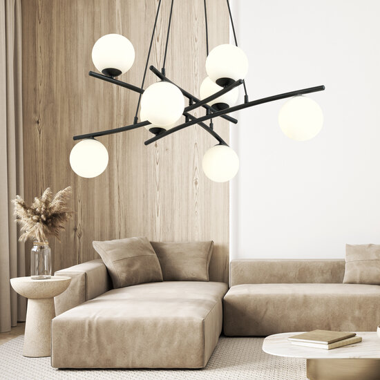 Heel grote zwarte hanglamp met 8 opaalwitte glazen bollen E14