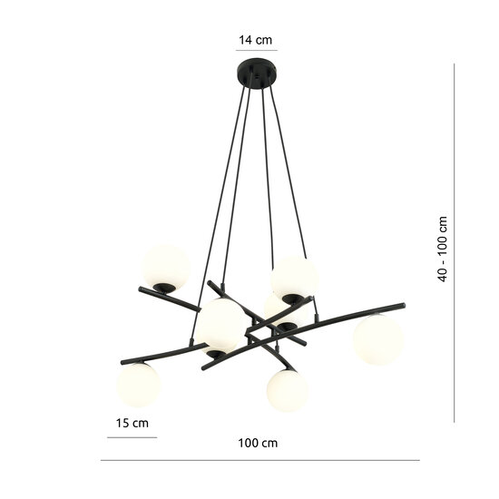 Very large black hanging lamp with 8 opal white glass balls E14