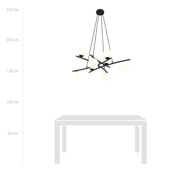 Very large black hanging lamp with 8 opal white glass balls E14