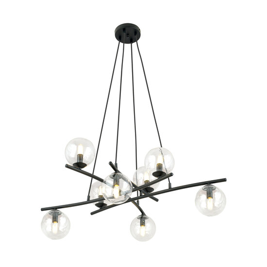 Très grande suspension noire design avec 8 boules en verre transparent E14