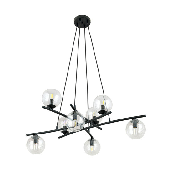 Very large design black hanging lamp with 8 transparent glass balls E14