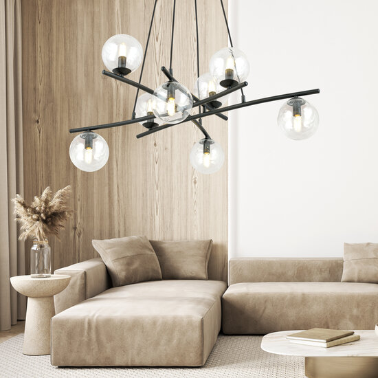 Emibig Emibig Lámpara colgante negra de diseño muy grande con 8 bolas de vidrio transparente E14 - Ideal para crear una atmósfera elegante