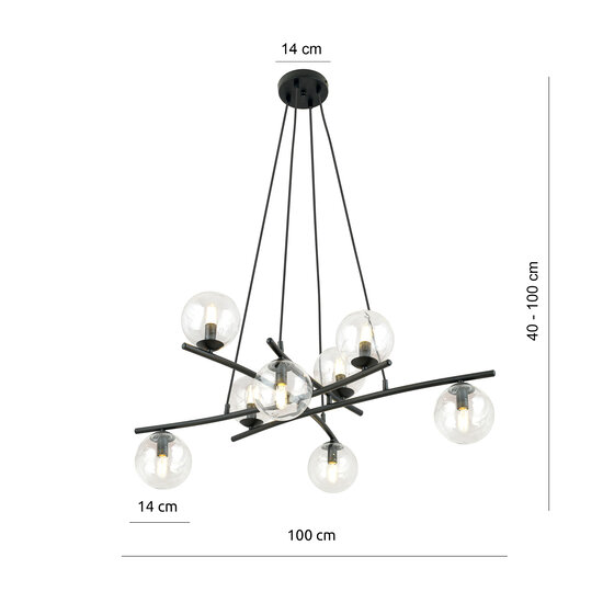 Very large design black hanging lamp with 8 transparent glass balls E14