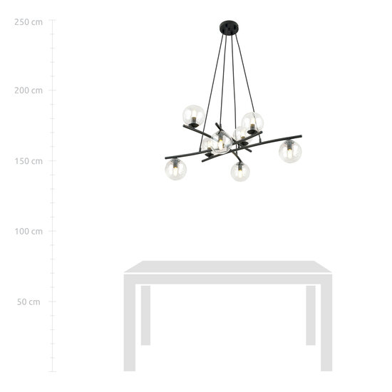 Very large design black hanging lamp with 8 transparent glass balls E14