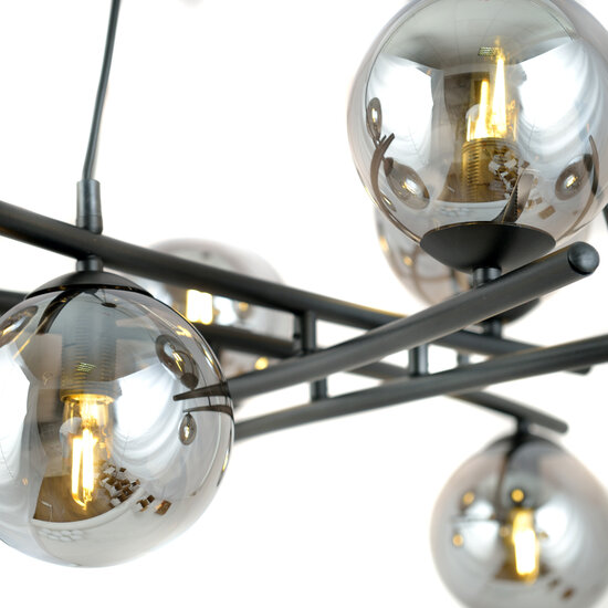 Exceptionally large black hanging lamp with 8 fumed glass balls E14