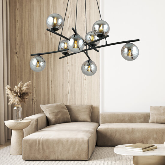 Exceptionally large black hanging lamp with 8 fumed glass balls E14
