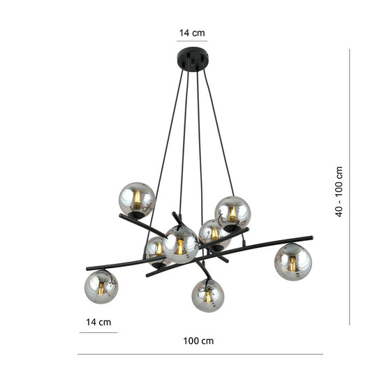 Exceptionally large black hanging lamp with 8 fumed glass balls E14