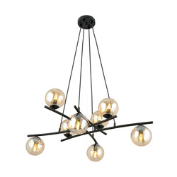 Grande suspension noire élégante avec 8 boules en verre de couleur ambre E14