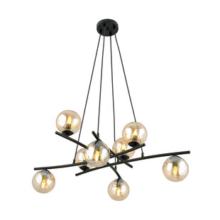 Stylish large black hanging lamp with 8 amber-coloured glass balls E14