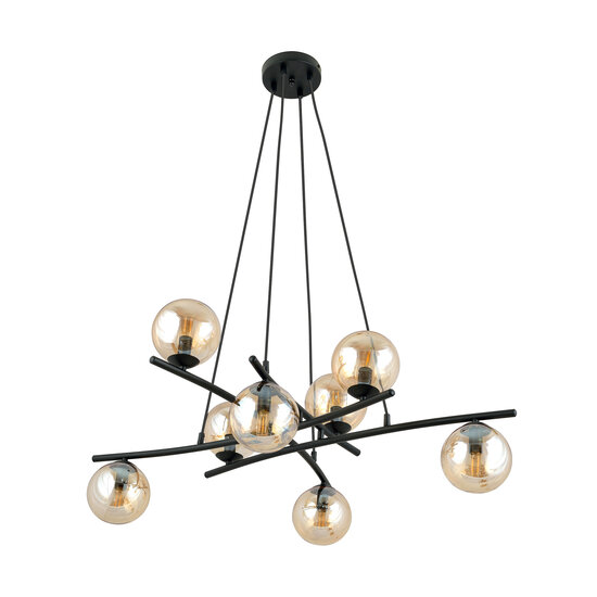 Grande suspension noire élégante avec 8 boules en verre de couleur ambre E14