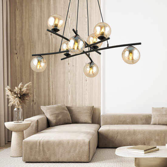 Stijlvolle grote zwarte hanglamp met 8 amberkleurige glazen bollen E14