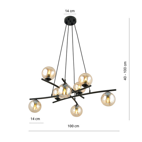 Grande suspension noire élégante avec 8 boules en verre de couleur ambre E14