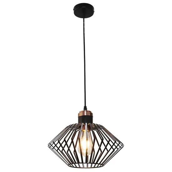 Schwarz mit kupferfarbenem Metallkäfig, Pendelleuchte, Rautenform, E27