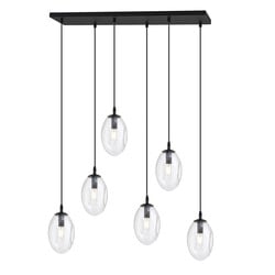 Long 6 light black pendant with 6 blown transparent glass