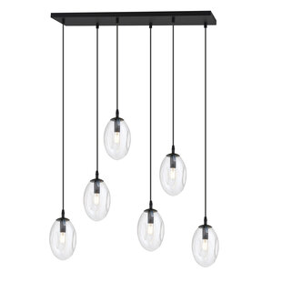 Suspension longue noire à 6 lumières avec 6 verres transparents soufflés