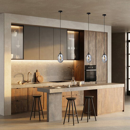 Zwarte pendel met 1x E14 geblazen transparant glas