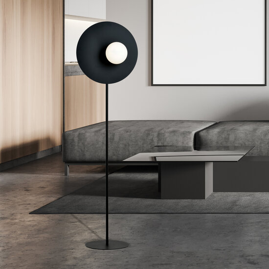 Black standing lamp finished with milk glass ball of 14 cm E14
