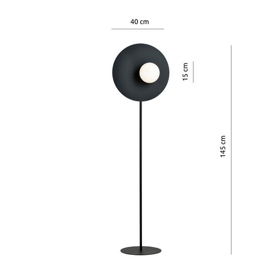 Black standing lamp finished with milk glass ball of 14 cm E14