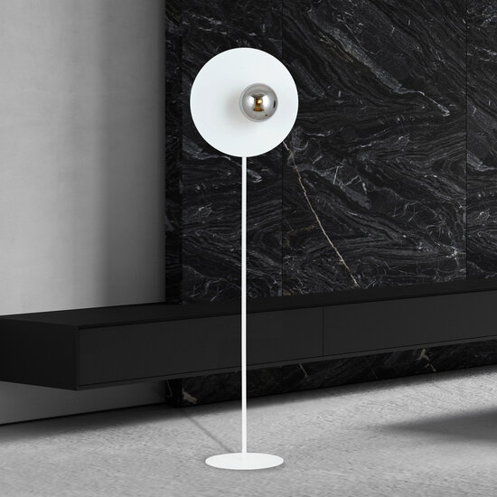 White floor lamp finished with smoked glass bulb 14 cm E14