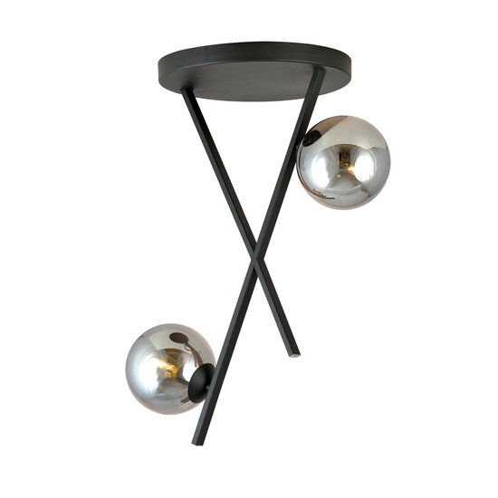 Emibig Emibig Zwarte plafonniere met metalen staven en 2 rookglas glazen bollen E14 - Perfect voor een stijlvolle ambiance