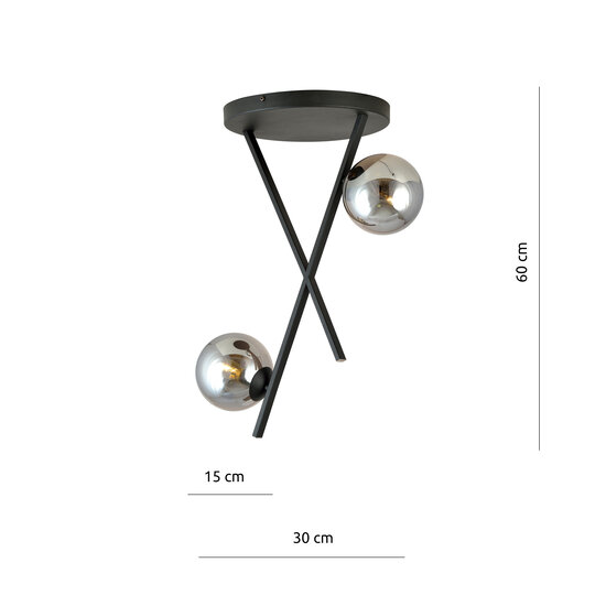 Black ceiling lamp with metal rods and 2 smoked glass balls E14
