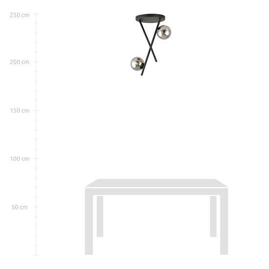 Black ceiling lamp with metal rods and 2 smoked glass balls E14
