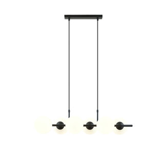 6 lamp hanglamp zwart met mat witte glazen bollen E14