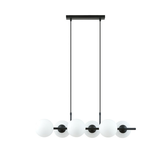 6 lamp hanglamp zwart met mat witte glazen bollen E14