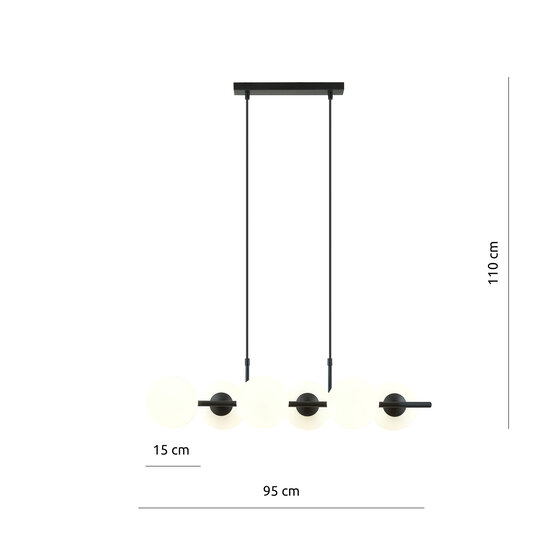 Lampe suspendue 6 ampoules noire avec boules en verre blanc mat E14