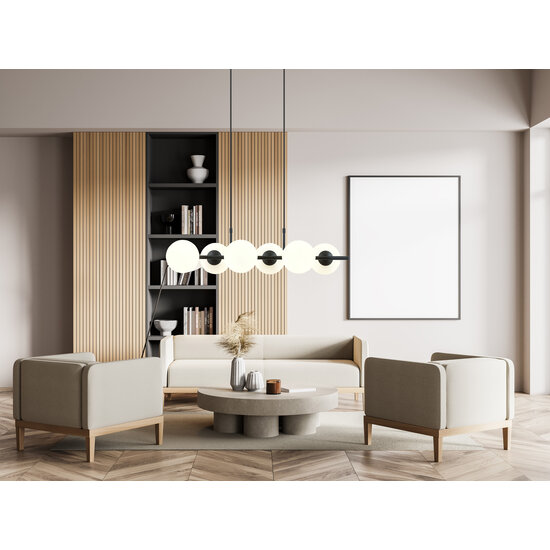 Lámpara colgante de 6 bombillas negra con bolas de cristal blanco mate E14