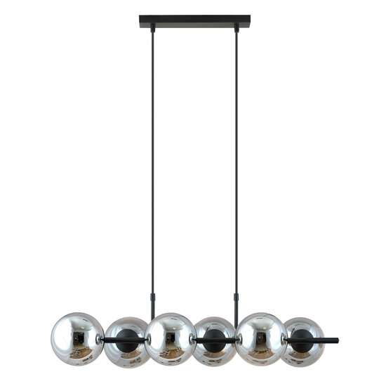 Mooie 6 lamp zwarte hanglamp met rookglas bollen en E14 aansluiting