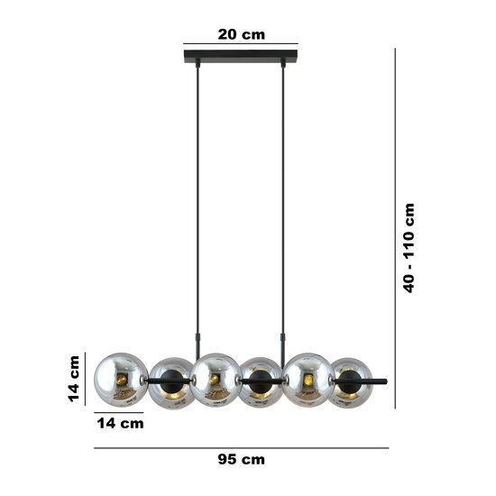 Belle lampe suspendue noire à 6 lampes avec ampoules en verre fumé et connecteur E14