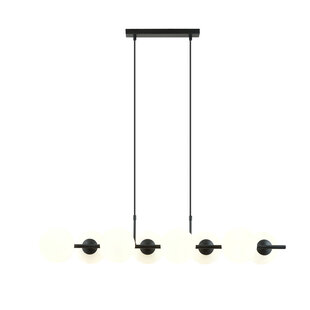 8 lamp hanglamp zwart met mat witte glazen bollen E14