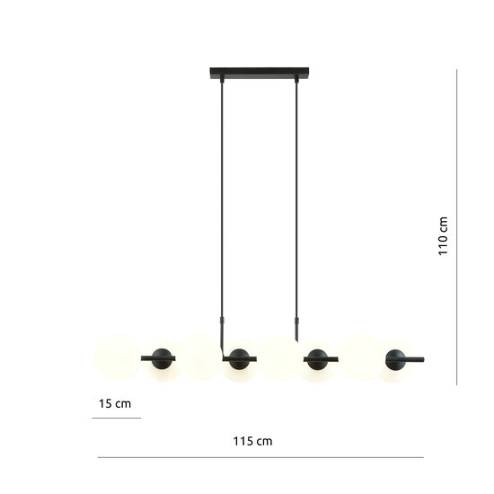 8 lamp hanglamp zwart met mat witte glazen bollen E14
