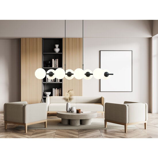 8 lamp hanglamp zwart met mat witte glazen bollen E14