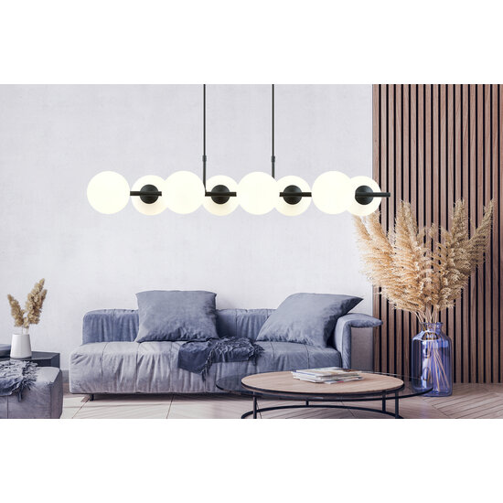 8 lamp hanglamp zwart met mat witte glazen bollen E14
