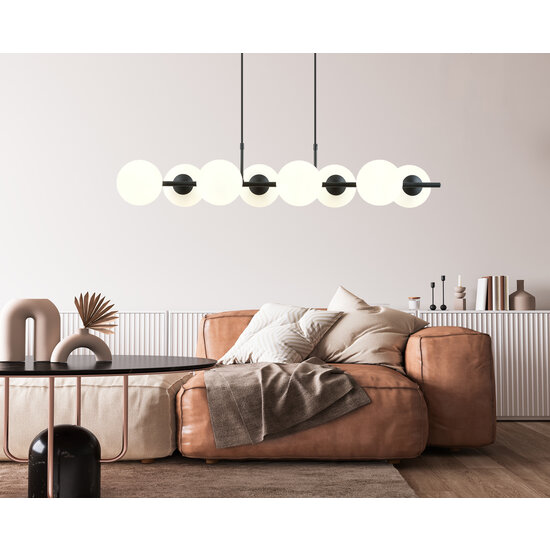8 lamp hanglamp zwart met mat witte glazen bollen E14