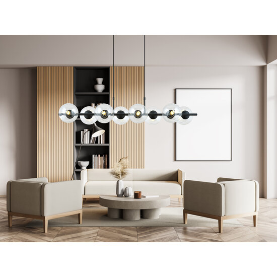 8 lamp zwarte pendellamp zwart en met transparante glazen bollen E14