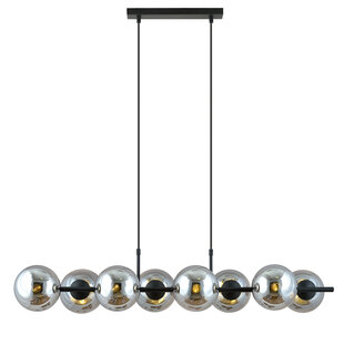 Mooie 8 lamp zwarte hanglamp met rookglas bollen en E14 aansluiting