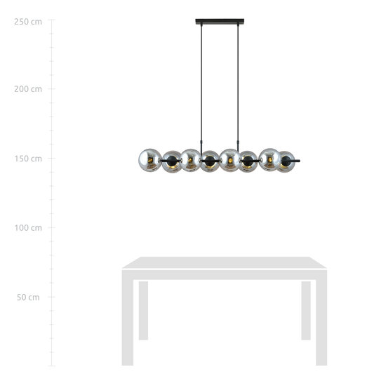 Belle lampe suspendue noire à 8 lampes avec ampoules en verre fumé et connecteur E14