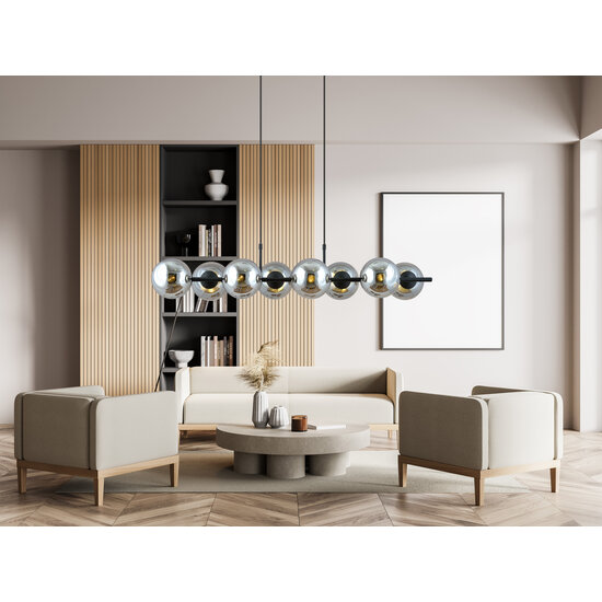 Mooie 8 lamp zwarte hanglamp met rookglas bollen en E14 aansluiting