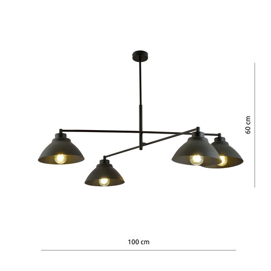 Stylish pendant lamp with 4 black metal shades E27