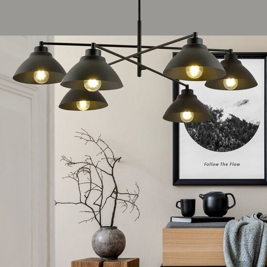 Design hanglamp zwart met 6 x E27 conische kappen