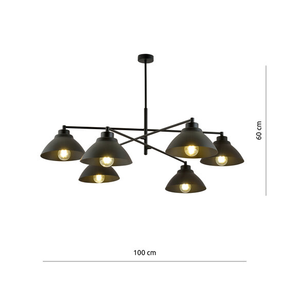 Design-Hängelampe schwarz mit 6 x E27-Kegelschirmen