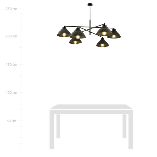 Design hanging lamp black with 6 x E27 conical shades