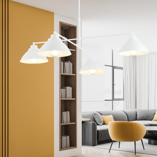 Stylish white pendant lamp with 4 white metal shades E27